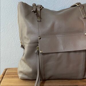 Kooba Taupe Leather Slouchy Shoulder Tote Bag ZipPocket Purse Everyday Carry Bag